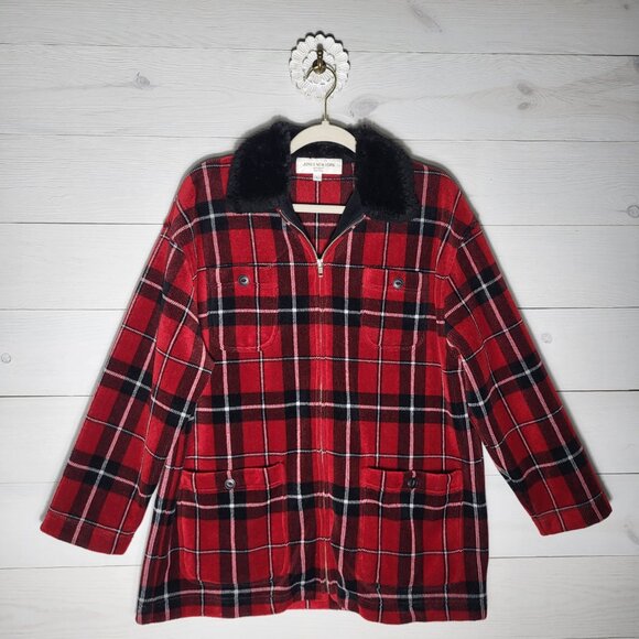 JONES NEW YORK Sport petite L plaid zip up soft jacket. Preppy, cabincore - Picture 1 of 6